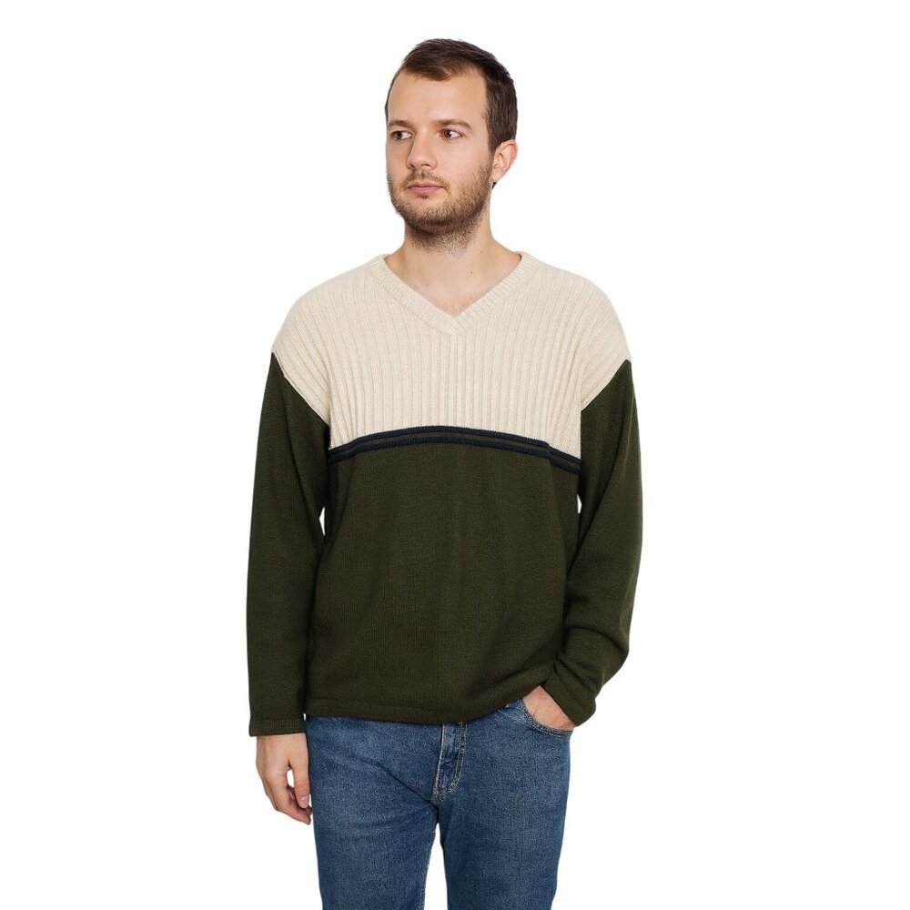 Vintage 90's Icebox Men's V-Neck Sweater Green & Beige Colorblock M